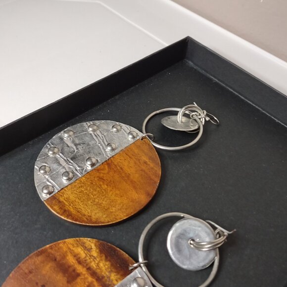 Very Large Wood And Metal Dangle Earrings - Picture 14 of 16
